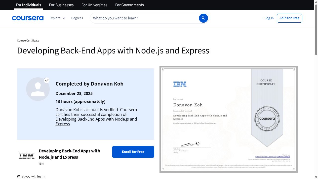 Coursera verification preview for Donavon Koh's Developing Back-End Apps with Node.js and Express certificate