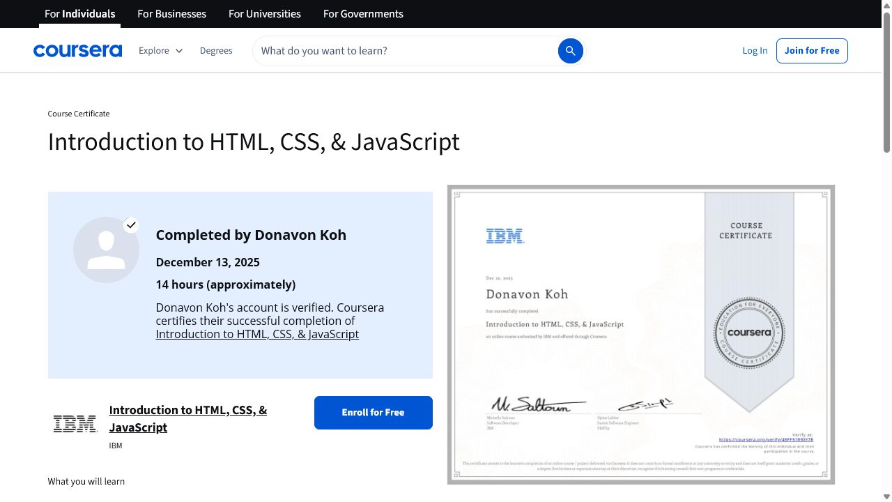 Coursera verification preview for Donavon Koh's Introduction to HTML, CSS, and JavaScript certificate