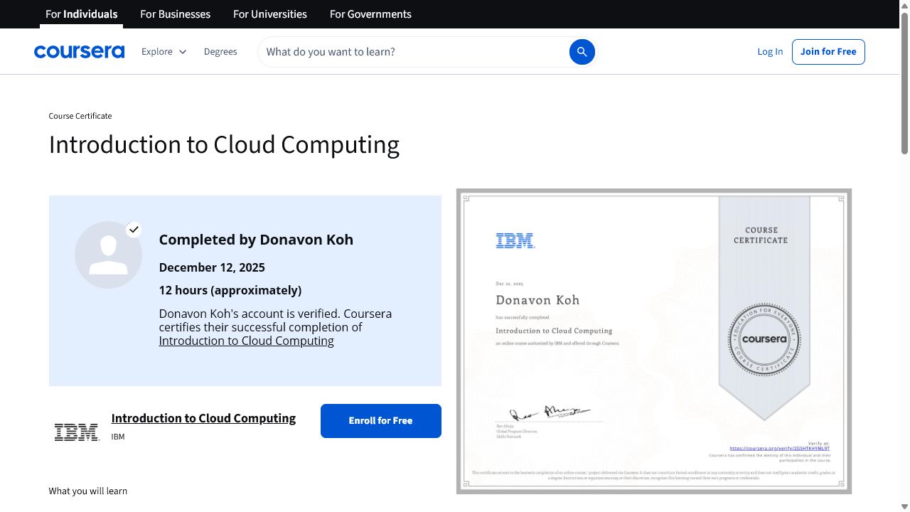 Coursera verification preview for Donavon Koh's Introduction to Cloud Computing certificate